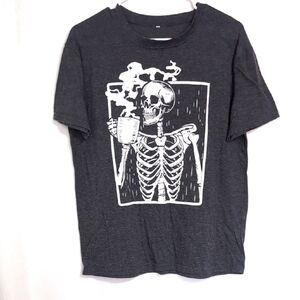Dark Grey Skeleton Drinking Coffee Tshirt Crewneck Size Large